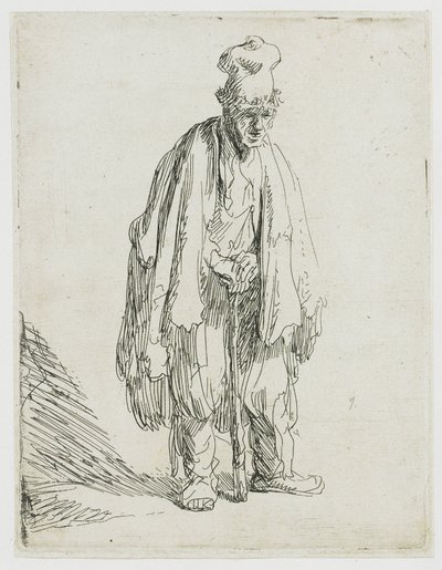 Żebrak w wysokiej czapce, stojący i opierający się na lasce autorstwa Rembrandt van Rijn