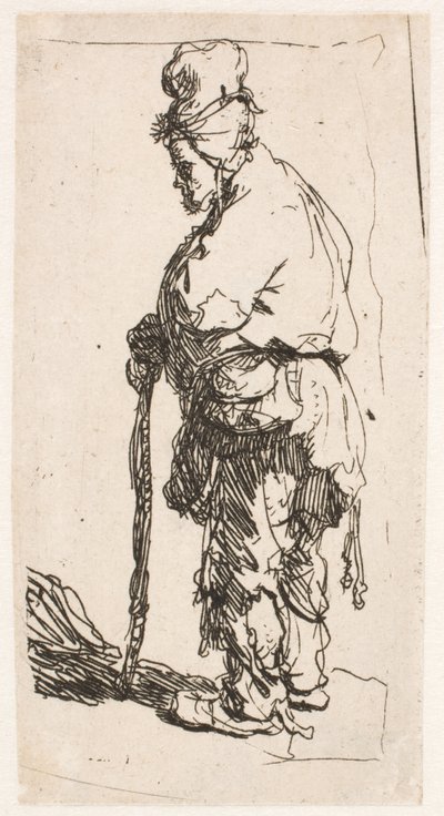 Żebrak opierający się na lasce, zwrócony w lewo autorstwa Rembrandt van Rijn
