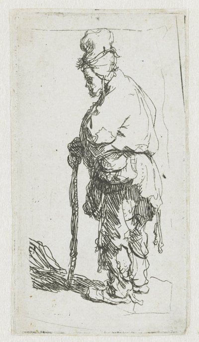 Żebrak opierający się na lasce, zwrócony w lewo autorstwa Rembrandt van Rijn