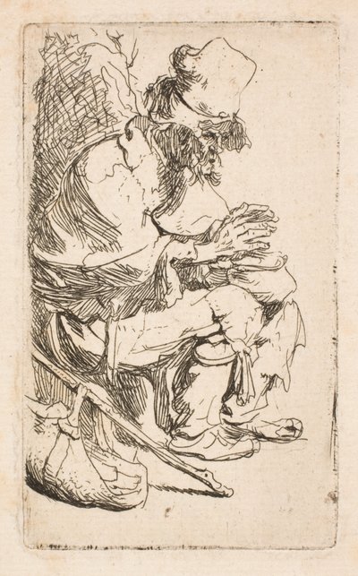 Żebrak siedzący i ogrzewający sobie ręce przy podgrzewaczu do potraw autorstwa Rembrandt van Rijn