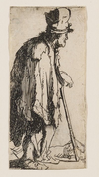 Żebrak z okaleczoną ręką, opierający się na lasce autorstwa Rembrandt van Rijn