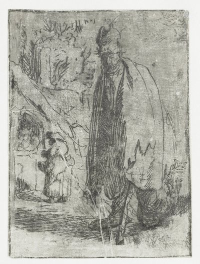 Żebrak z chatą i dwiema postaciami w tle autorstwa Rembrandt van Rijn