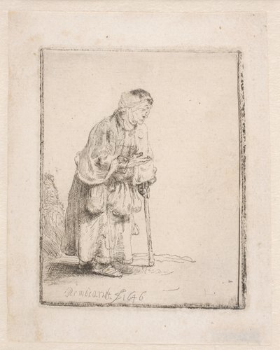 Żebraczka opierająca się na lasce autorstwa Rembrandt van Rijn