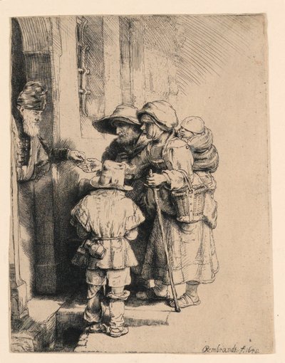 Żebracy otrzymujący jałmużnę u drzwi domu autorstwa Rembrandt van Rijn