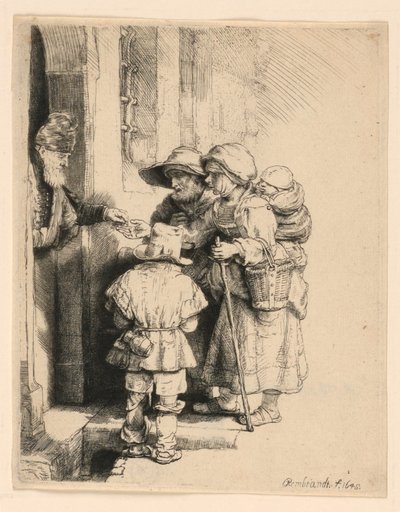 Żebracy otrzymujący jałmużnę u drzwi domu autorstwa Rembrandt van Rijn