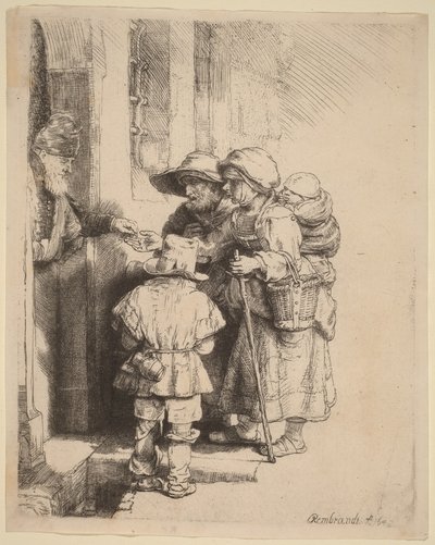 Żebracy otrzymujący jałmużnę przed drzwiami domu autorstwa Rembrandt van Rijn