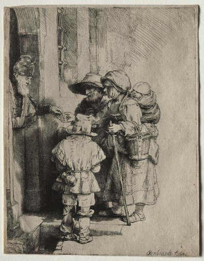 Żebracy otrzymujący jałmużnę u drzwi domu, 1648. autorstwa Rembrandt van Rijn
