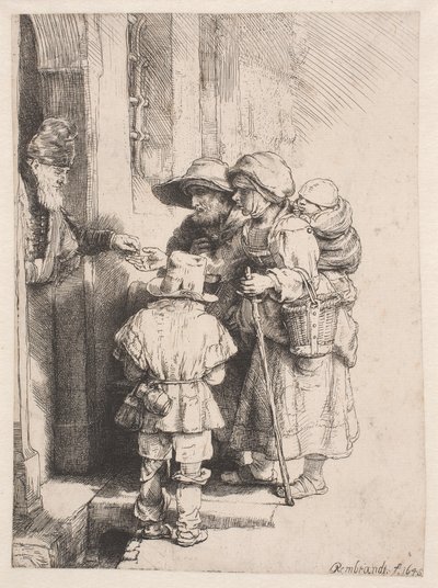 Żebracy otrzymujący jałmużnę przed drzwiami domu autorstwa Rembrandt van Rijn