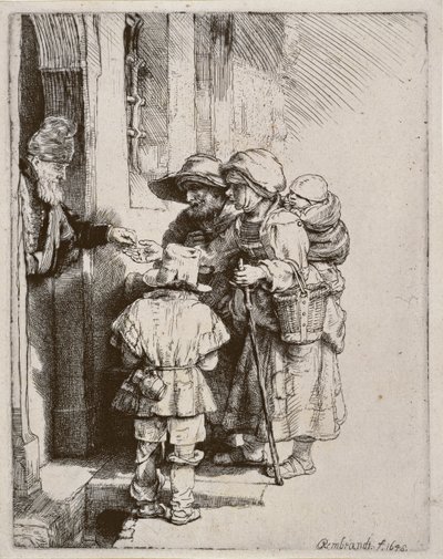Żebracy otrzymujący jałmużnę przed drzwiami domu, 1648 (suchoryt) autorstwa Rembrandt van Rijn