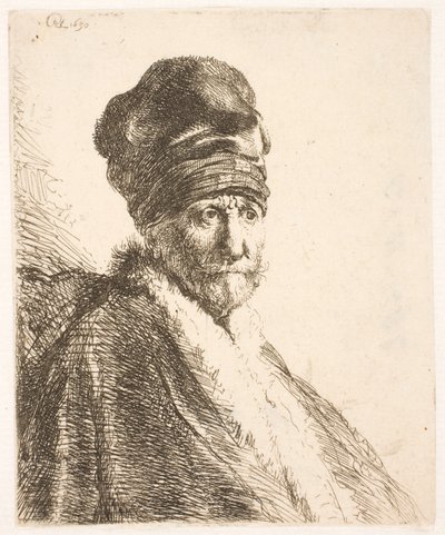 Popiersie mężczyzny (ojca Rembrandta) w wysokiej czapce, ujęcie z trzech czwartych autorstwa Rembrandt van Rijn