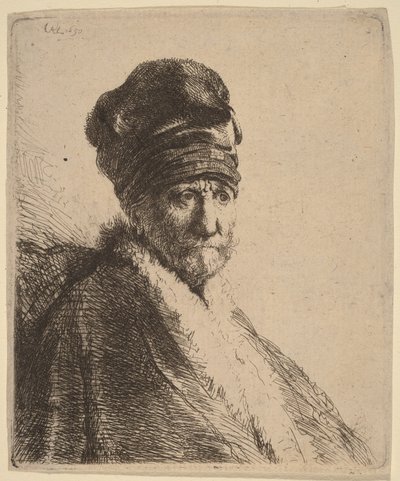 Popiersie mężczyzny w czapce z daszkiem, ujęcie z prawej strony w trzech czwartych (ojciec artysty) autorstwa Rembrandt van Rijn