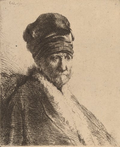 Popiersie mężczyzny w wysokiej czapce, trzy czwarte na prawo od ojca artysty, 1630. autorstwa Rembrandt van Rijn