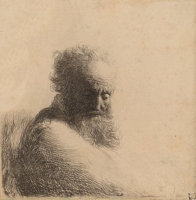 Popiersie starego brodatego mężczyzny, patrzącego w dół, trzy czwarte w prawo, 1631. autorstwa Rembrandt van Rijn