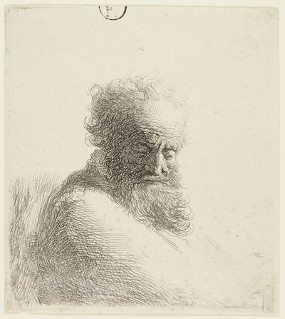 Popiersie starszego mężczyzny, spoglądającego w dół, w ujęciu z trzech czwartych w prawo autorstwa Rembrandt van Rijn