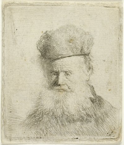 Popiersie starca w futrzanej czapce i powiewającej brodzie, prawie pełna twarz autorstwa Rembrandt van Rijn