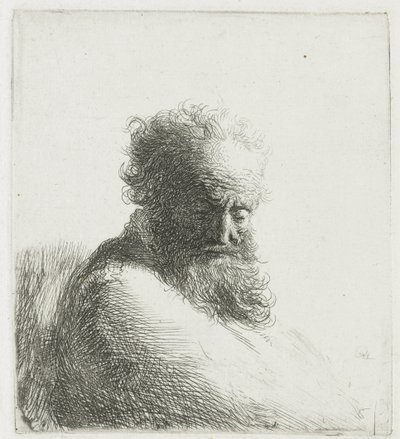 Popiersie starego brodatego mężczyzny, patrzącego w dół, w trzech czwartych w prawo autorstwa Rembrandt van Rijn