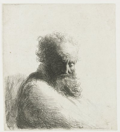 Popiersie starego brodatego mężczyzny, patrzącego w dół, w trzech czwartych w prawo autorstwa Rembrandt van Rijn