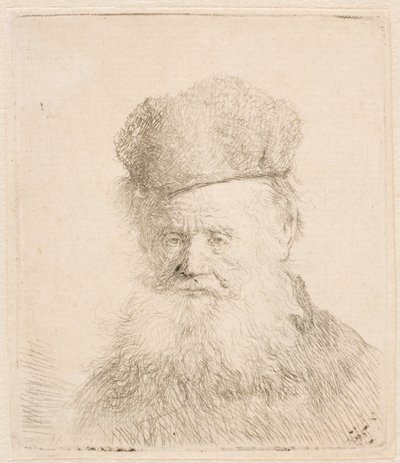 Popiersie starszego mężczyzny w futrzanej czapce i z długą brodą: ujęcie niemal z przodu: wzrok skierowany prosto przed siebie autorstwa Rembrandt van Rijn