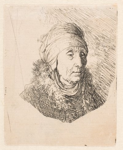 Popiersie starszej kobiety w wysokim nakryciu głowy zawiązanym pod brodą autorstwa Rembrandt van Rijn