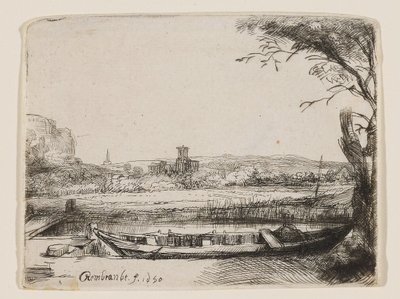 Kanał z dużą łodzią i mostem autorstwa Rembrandt van Rijn