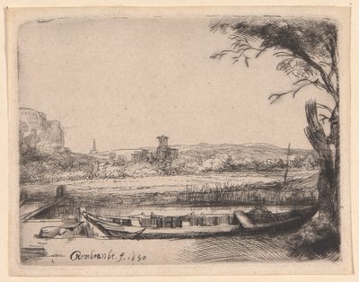 Kanał z dużą łodzią i mostem autorstwa Rembrandt van Rijn