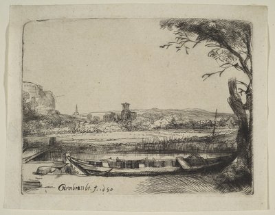 Kanał z dużą łodzią i mostem, 1650. autorstwa Rembrandt van Rijn