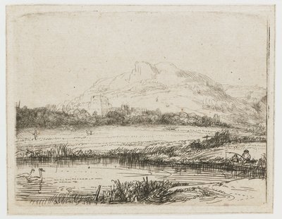 Kanał z wędkarzem i dwoma łabędziami Kanał z wędkarzem i dwoma łabędziami autorstwa Rembrandt van Rijn