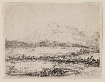 Kanał z wędkarzem i dwoma łabędziami autorstwa Rembrandt van Rijn