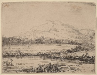Kanał z wędkarzem i dwoma łabędziami autorstwa Rembrandt van Rijn