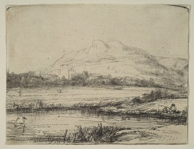 Kanał z wędkarzem i dwoma łabędziami, 1650. autorstwa Rembrandt van Rijn