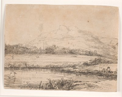 Kanał z wędkarzem i dwoma łabędziami autorstwa Rembrandt van Rijn