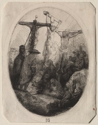 Chrystus ukrzyżowany między dwoma złodziejami: owalny talerz autorstwa Rembrandt van Rijn