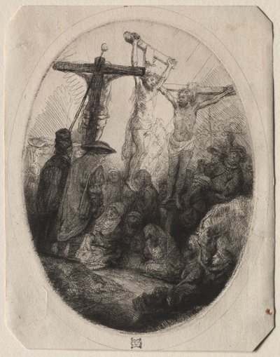 Chrystus ukrzyżowany między dwoma złodziejami: owalna płyta, c. 1641. autorstwa Rembrandt van Rijn