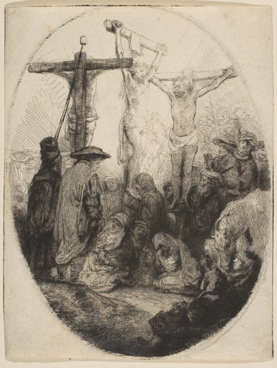 Chrystus ukrzyżowany między dwoma złodziejami, talerz owalny, ca. 1641. autorstwa Rembrandt van Rijn