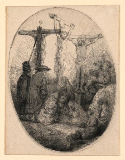 Chrystus ukrzyżowany między dwoma złodziejami: owalny talerz autorstwa Rembrandt van Rijn