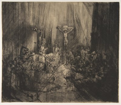 Chrystus ukrzyżowany między dwoma złodziejami: trzy krzyże, ca. 1660. autorstwa Rembrandt van Rijn