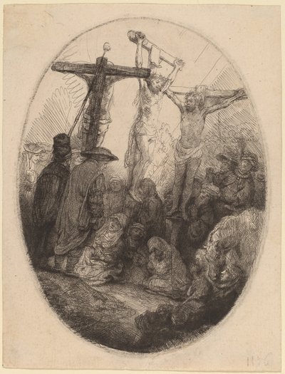 Chrystus ukrzyżowany między dwoma złodziejami: owalny talerz autorstwa Rembrandt van Rijn