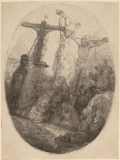 Chrystus ukrzyżowany między dwoma złodziejami: owalny talerz autorstwa Rembrandt van Rijn