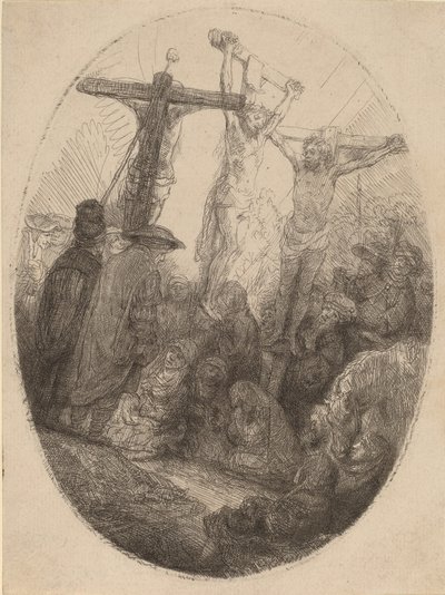 Chrystus ukrzyżowany między dwojgiem złodziei: owalna płyta, c. 1641. autorstwa Rembrandt van Rijn