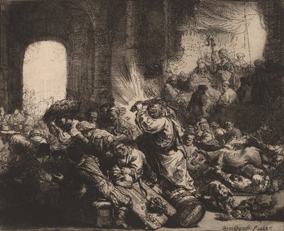 Chrystus wyprowadza wymieniających pieniądze ze świątyni, 1635. autorstwa Rembrandt van Rijn