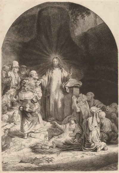 Chrystus przepowiadający i uzdrawiający fragment z druku stu guldenów, c. 1649. autorstwa Rembrandt van Rijn