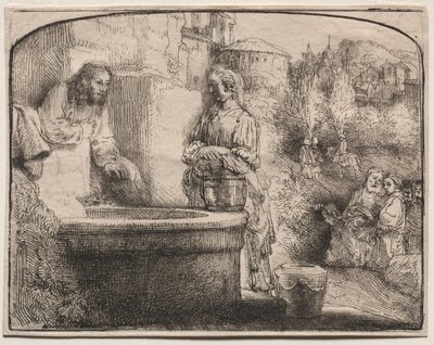 Chrystus i Kobieta z Samarii: łukowaty druk, 1657-58. autorstwa Rembrandt van Rijn