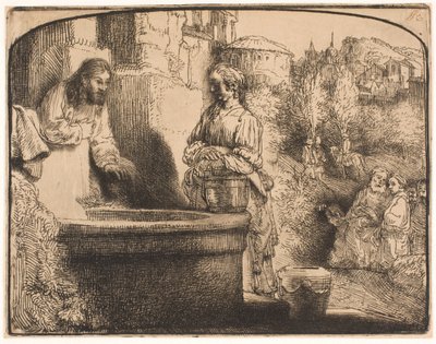 Chrystus i niewiasta Samarii: rycina łukowata autorstwa Rembrandt van Rijn