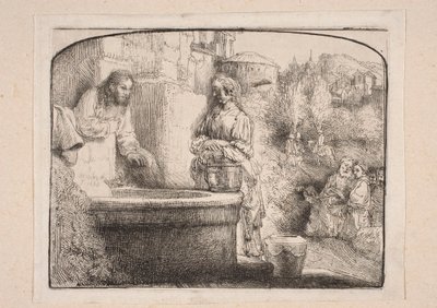 Chrystus i Samarytanka (Kompozycja zamknięta u góry łukiem) autorstwa Rembrandt van Rijn