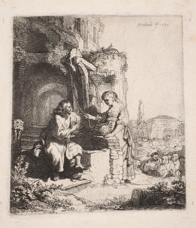 Chrystus i Samarytanka wśród ruin (rycina pionowa) autorstwa Rembrandt van Rijn
