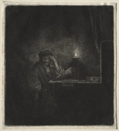 Kopia ucznia przy stole przy świecach autorstwa Rembrandt van Rijn