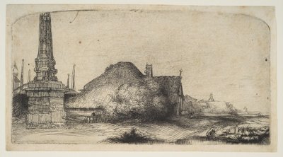 Chata i słup graniczny na Spaarndammerdijk LObelisque, ca. 1650. autorstwa Rembrandt van Rijn