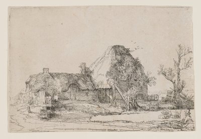 Domek wiejski i budynki gospodarcze z rysującym mężczyzną autorstwa Rembrandt van Rijn
