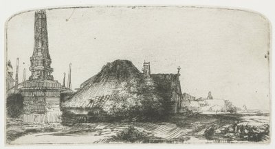 Domek i słupek graniczny przy Spaarndammerdijk („L’Obelisque”) autorstwa Rembrandt van Rijn