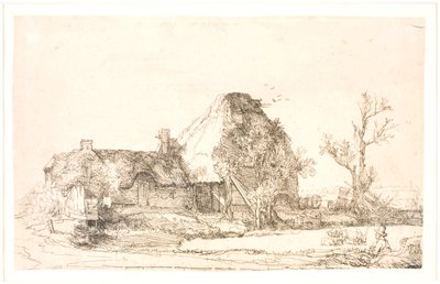 Chata i zabudowania gospodarcze z mężczyzną, który szkicuje autorstwa Rembrandt van Rijn